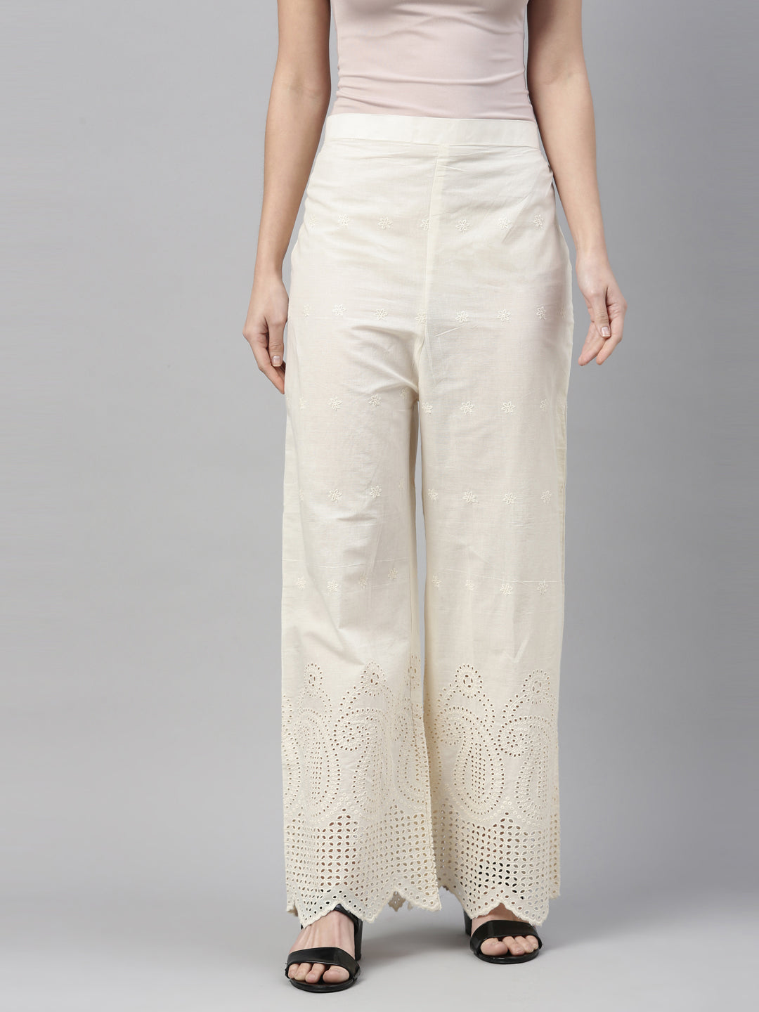 Neerus Cream solid flared palazzo - back view