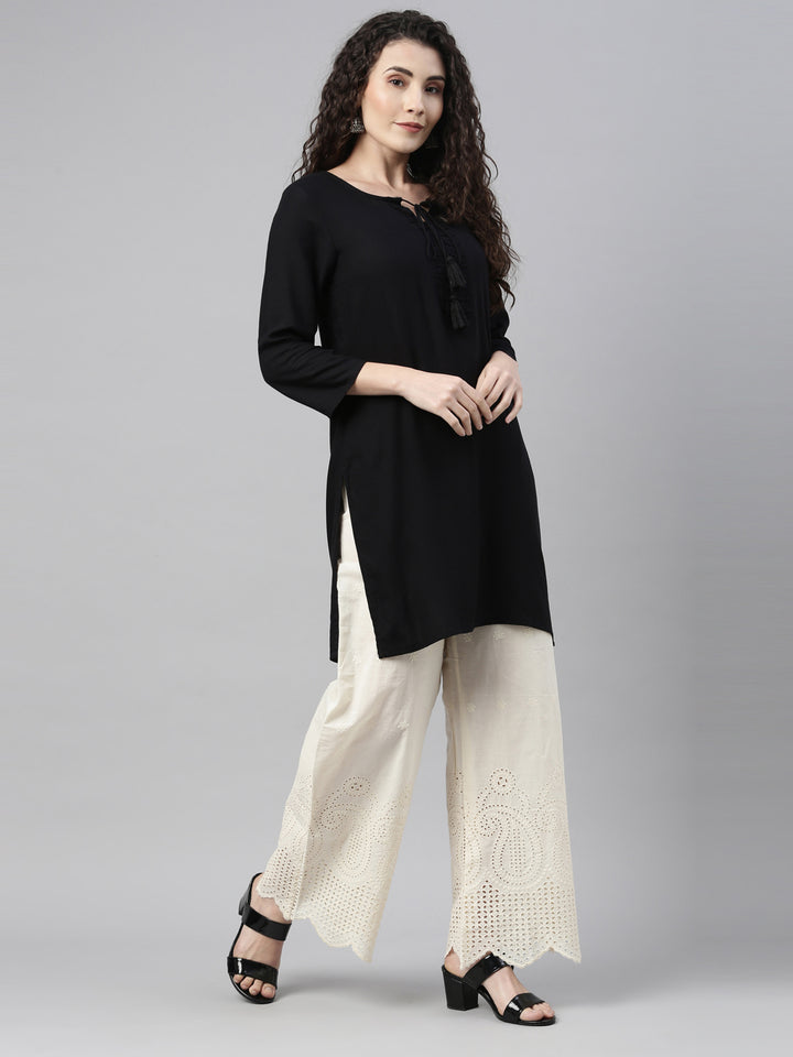Neerus Cream solid flared palazzo - front view