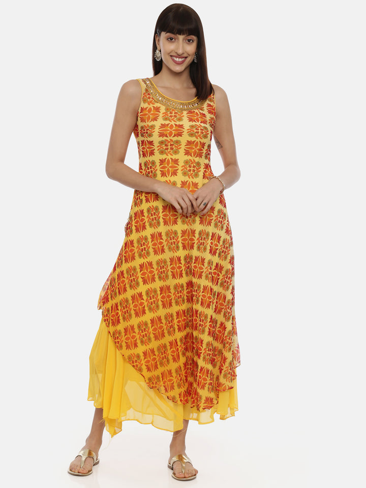 Neerus Yellow Printed High Low Double Layered Kurta