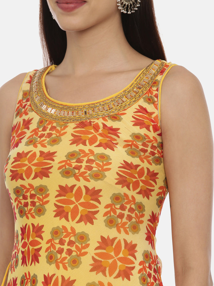Neerus Yellow Printed High Low Double Layered Kurta