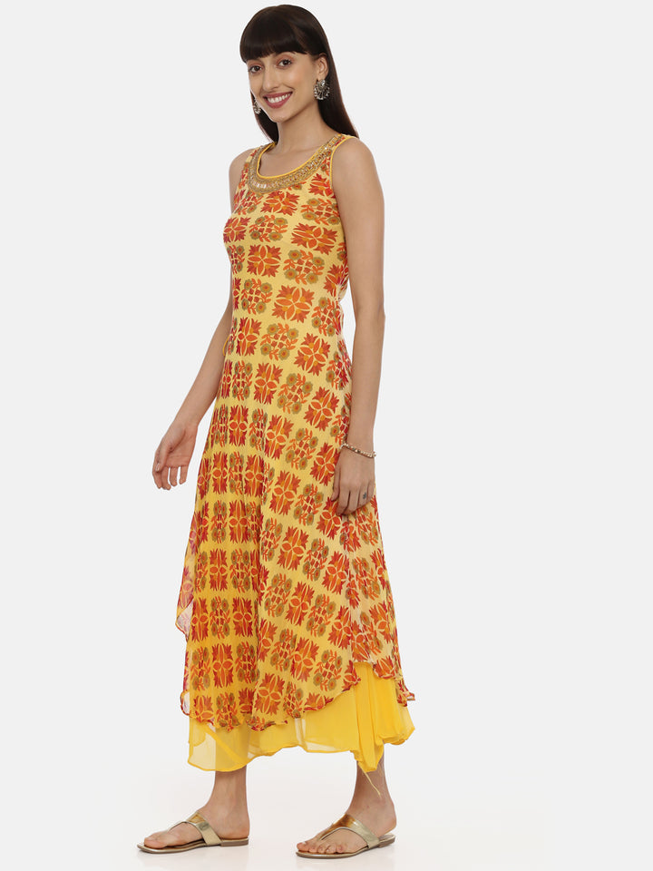 Neerus Yellow Printed High Low Double Layered Kurta