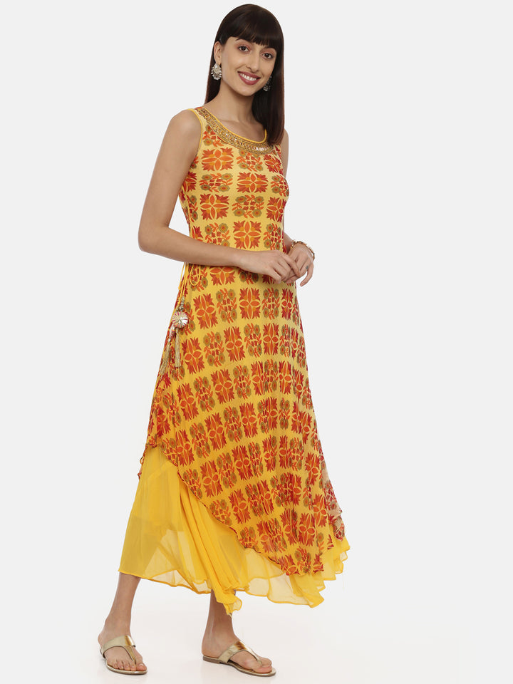 Neerus Yellow Printed High Low Double Layered Kurta