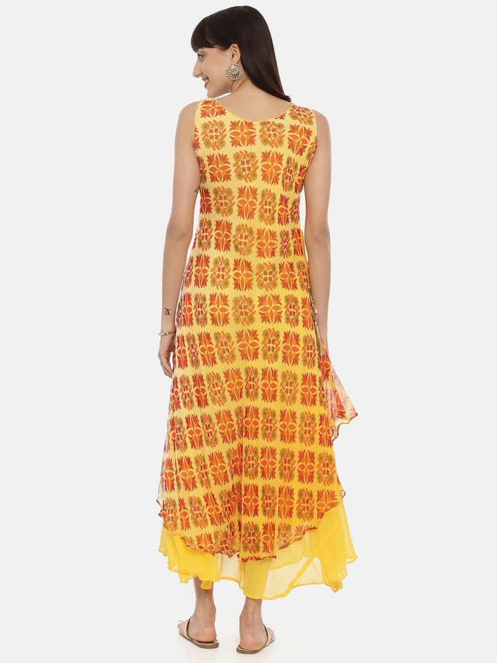 Neerus Yellow Printed High Low Double Layered Kurta