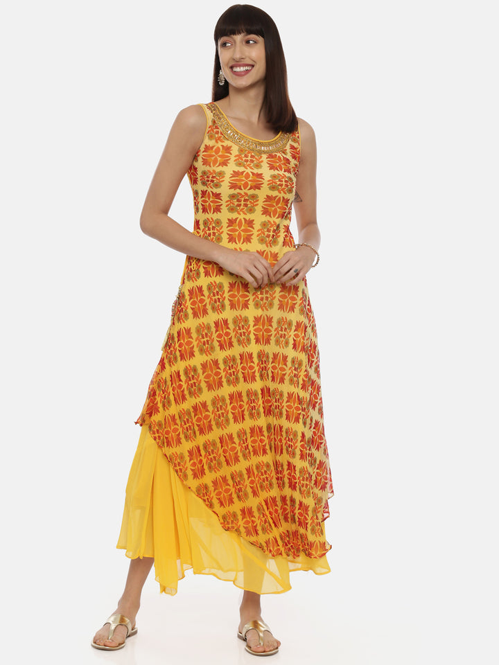 Neerus Yellow Printed High Low Double Layered Kurta