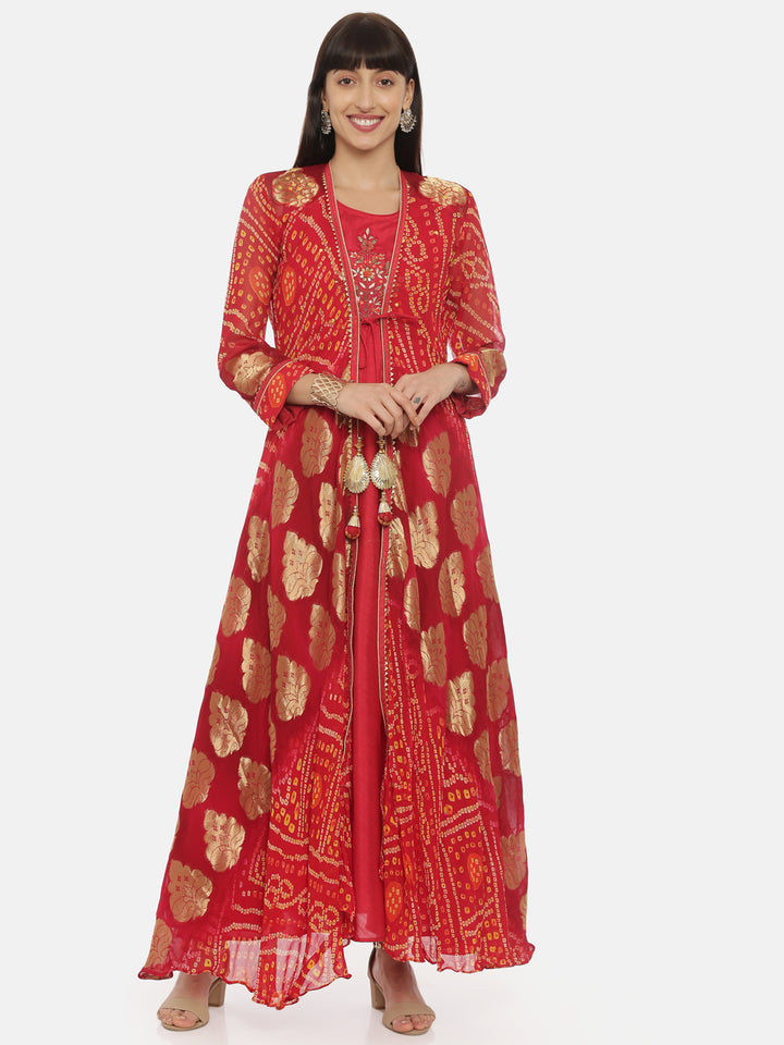 Neerus Red Embellished Anarkali Kurta With Jacket