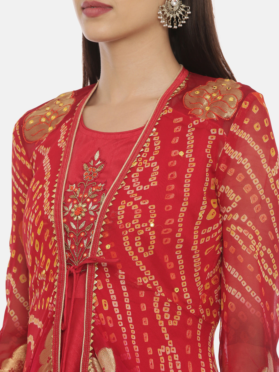 Neerus Red Embellished Anarkali Kurta With Jacket