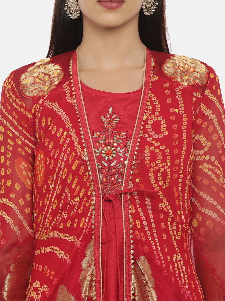 Neerus Red Embellished Anarkali Kurta With Jacket