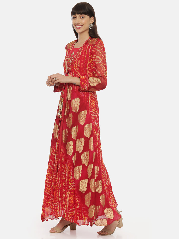 Neerus Red Embellished Anarkali Kurta With Jacket