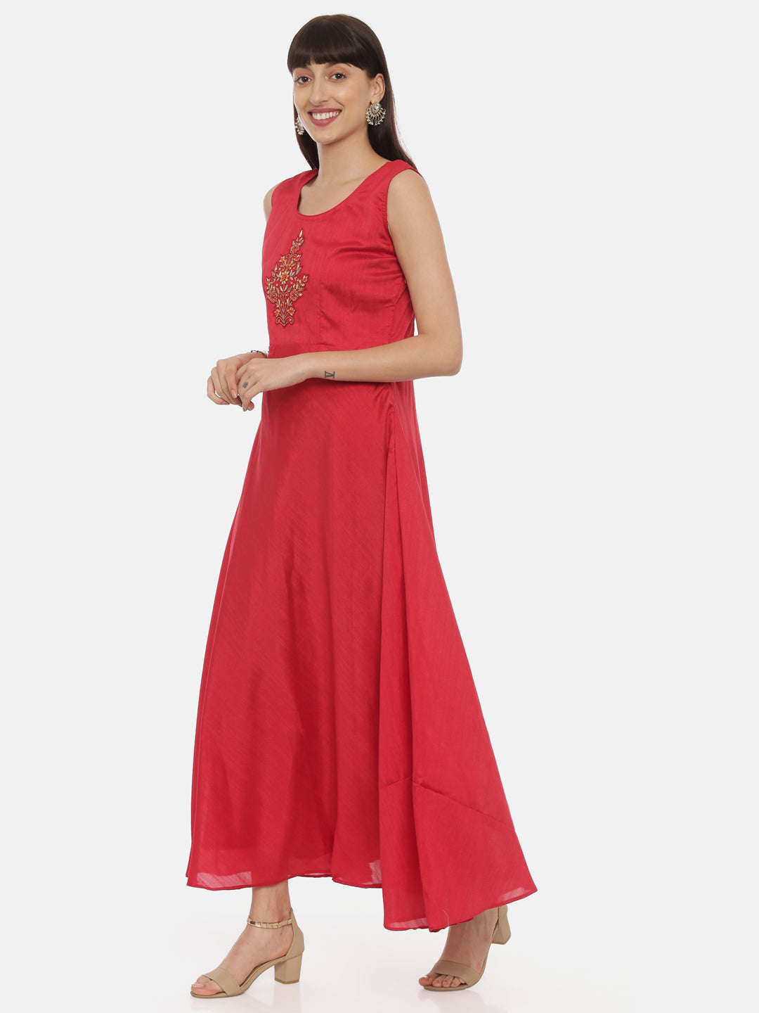 Neerus Red Embellished Anarkali Kurta With Jacket