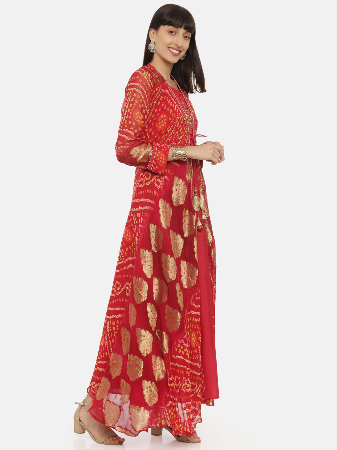 Neerus Red Embellished Anarkali Kurta With Jacket