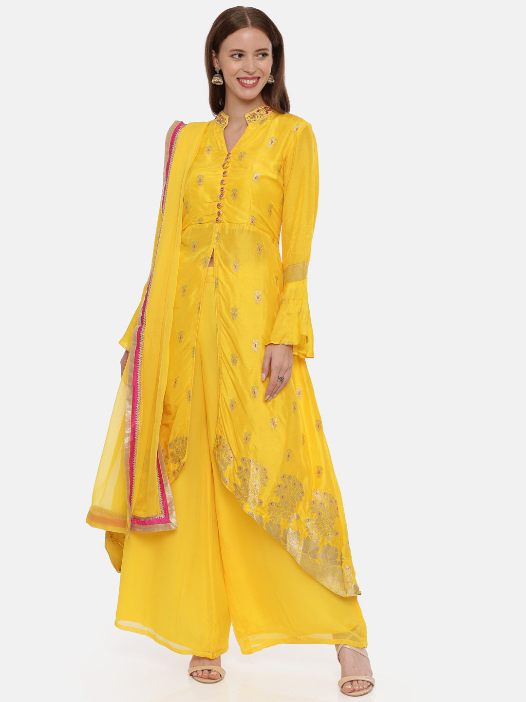 Neeru'S Yellow Color, Banaras Fabric Full Sleeves Suit-Plazzo