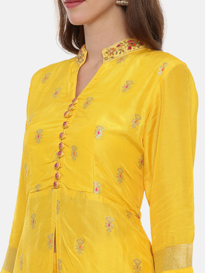 Neeru'S Yellow Color, Banaras Fabric Full Sleeves Suit-Plazzo