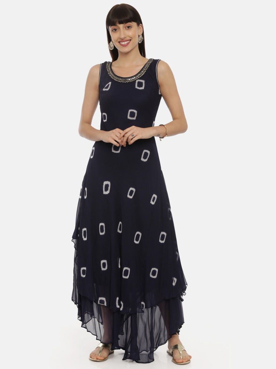 Neerus Navy Bandhani High Low Double Layered Kurta