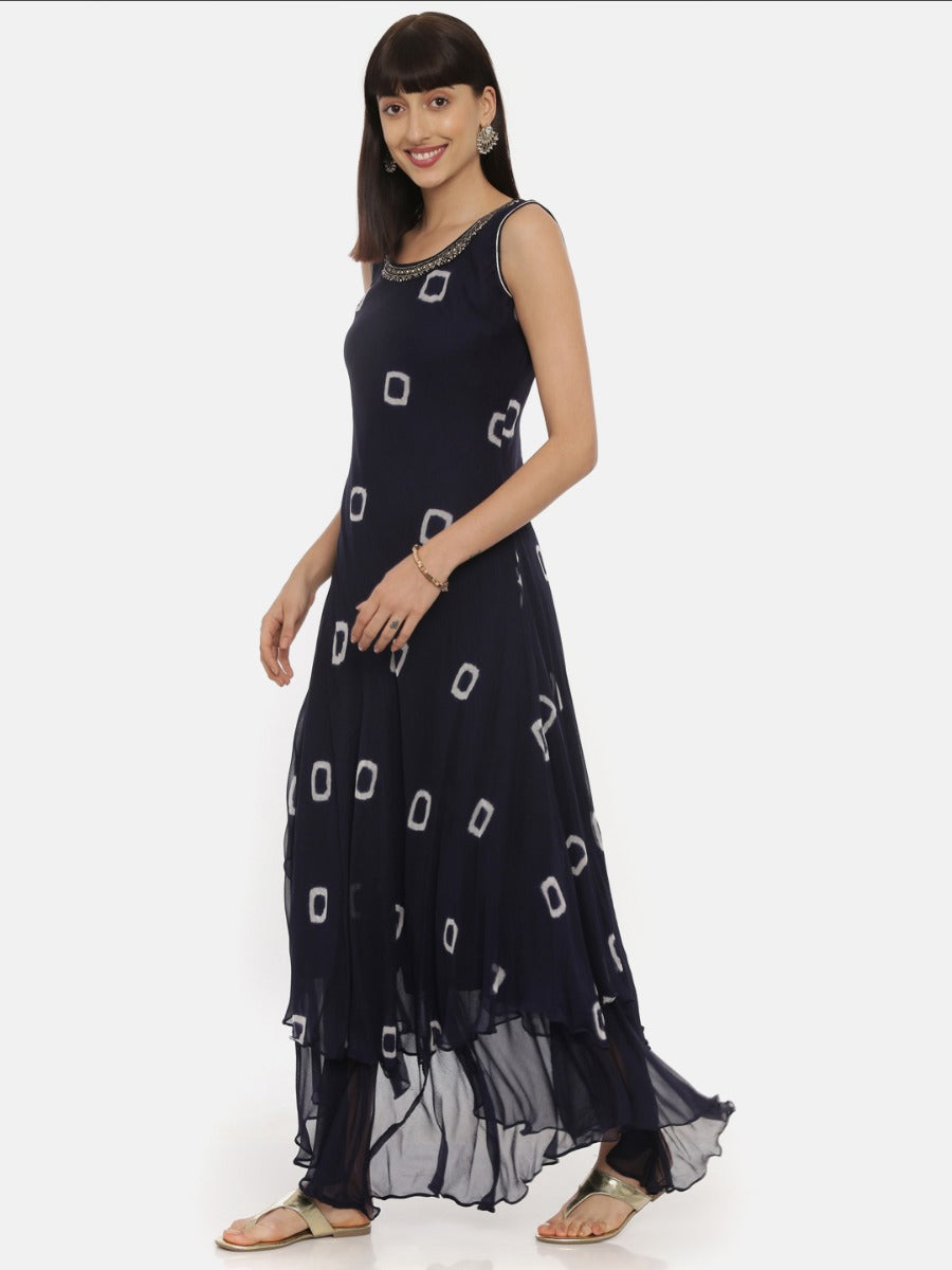 Neerus Navy Bandhani High Low Double Layered Kurta