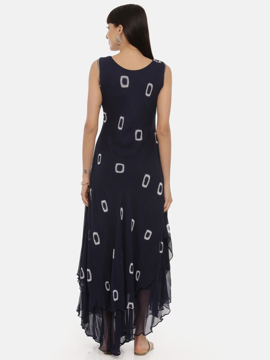 Neerus Navy Bandhani High Low Double Layered Kurta