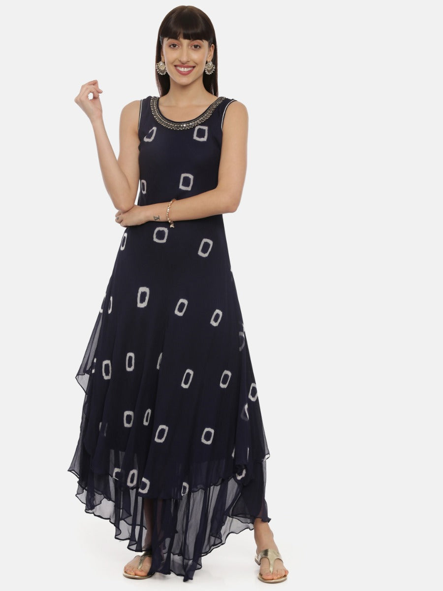 Neerus Navy Bandhani High Low Double Layered Kurta