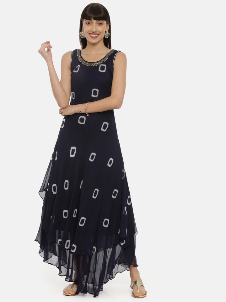 Neerus Navy Bandhani High Low Double Layered Kurta