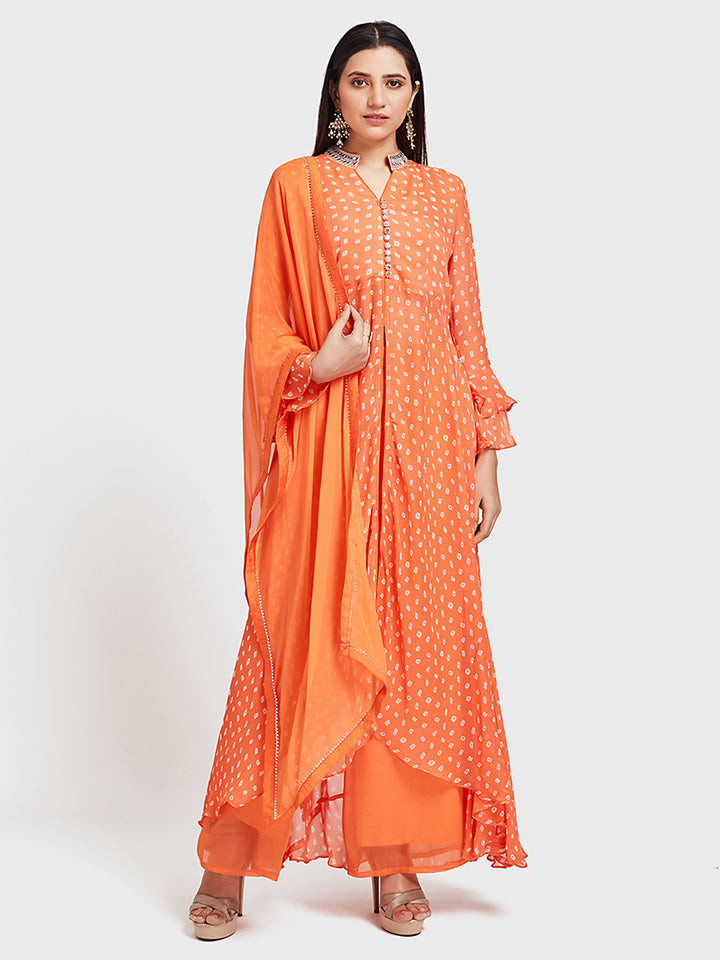 Neerus Orange Bandhani printed kurta set with palazzo and dupatta - detail view 3