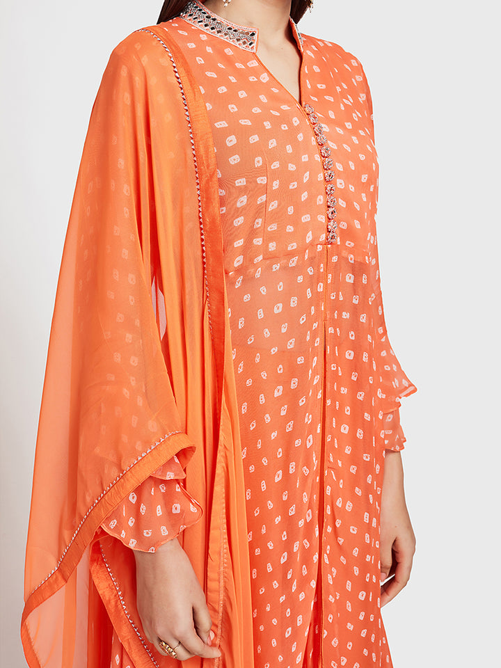Neerus Orange Bandhani printed kurta set with palazzo and dupatta - side view