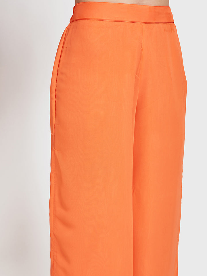 Neerus Orange Bandhani printed kurta set with palazzo and dupatta - detail view 1