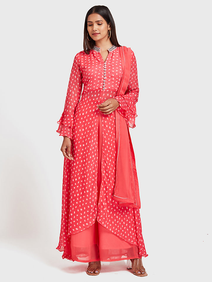 Neerus Orange Bandhani printed kurta set with palazzo and dupatta - detail view 3