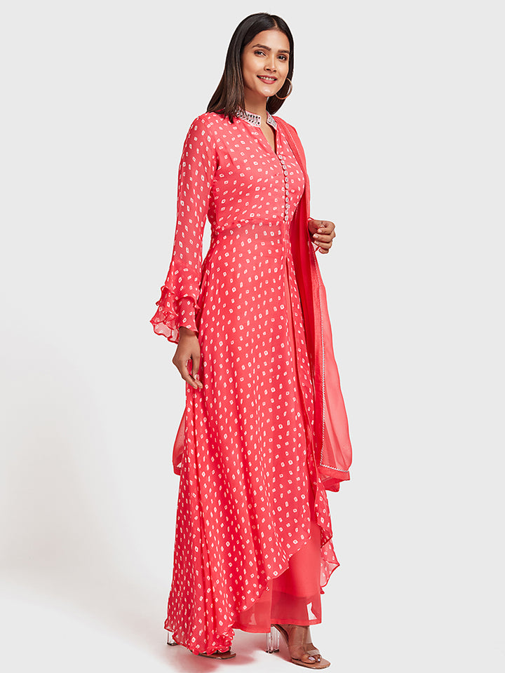 Neerus Orange Bandhani printed kurta set with palazzo and dupatta - front view