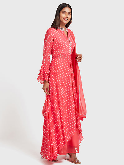 Neeru's Peach Bandhani Kurta With Palazzo & Dupatta