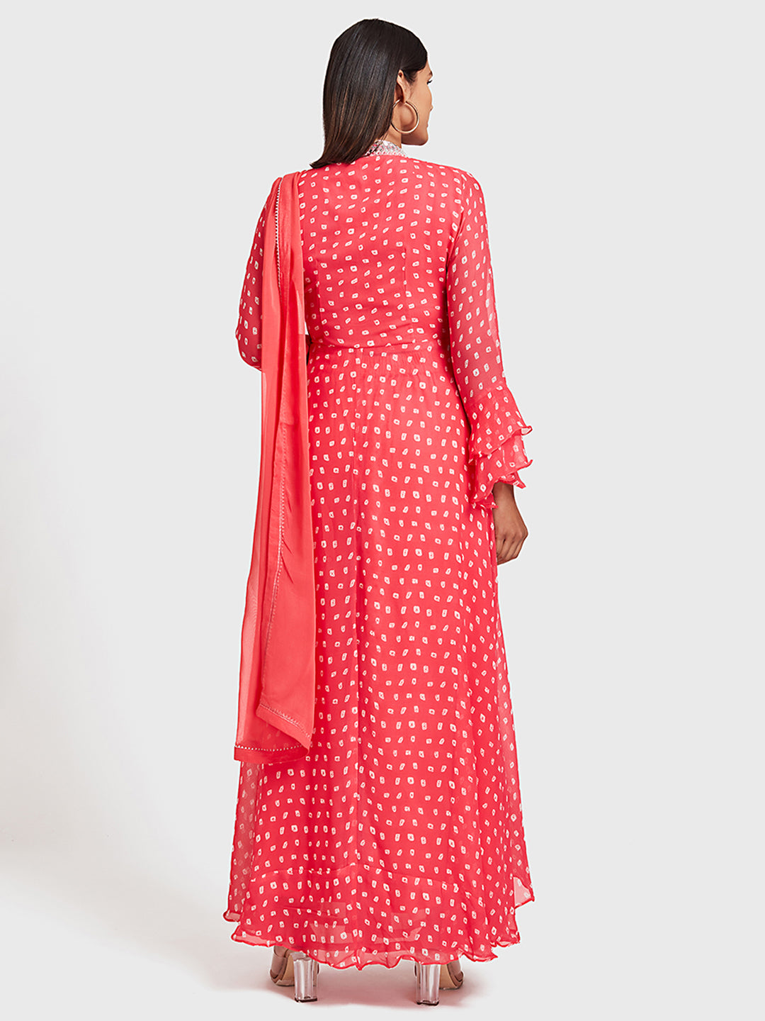 Neerus Orange Bandhani printed kurta set with palazzo and dupatta - back view