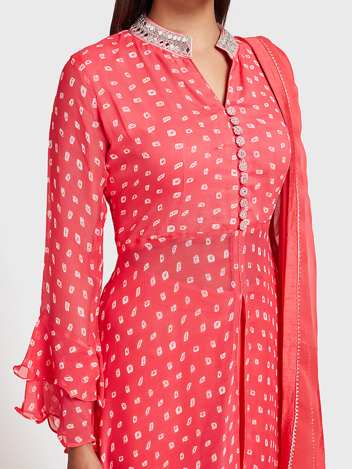 Neerus Orange Bandhani printed kurta set with palazzo and dupatta - side view