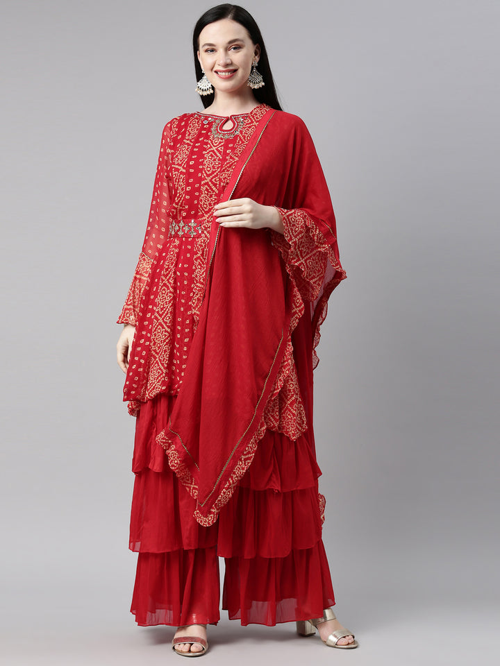 Neerus Red Color Georgette Fabric Kurta Set