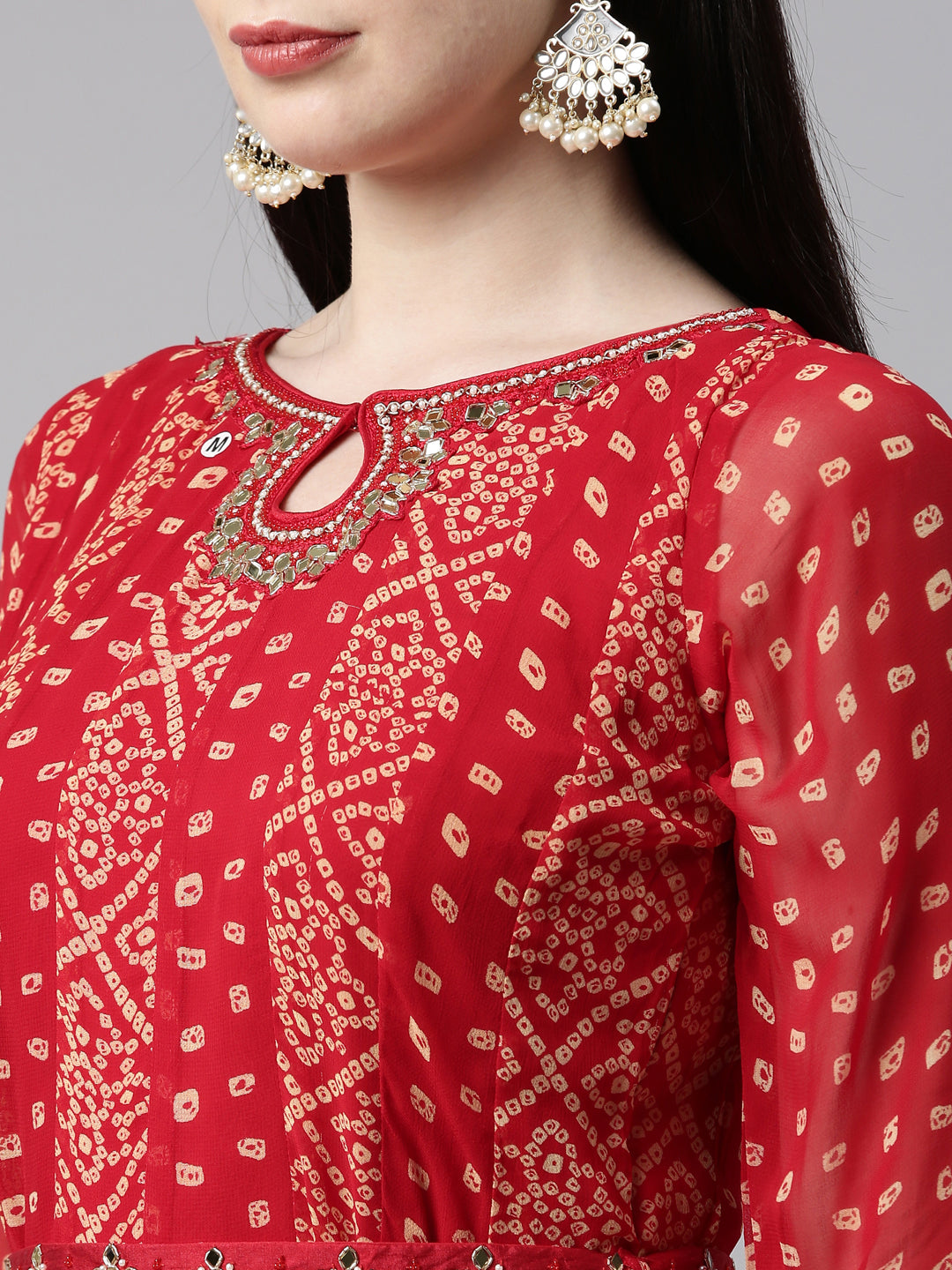 Neerus Red Color Georgette Fabric Kurta Set