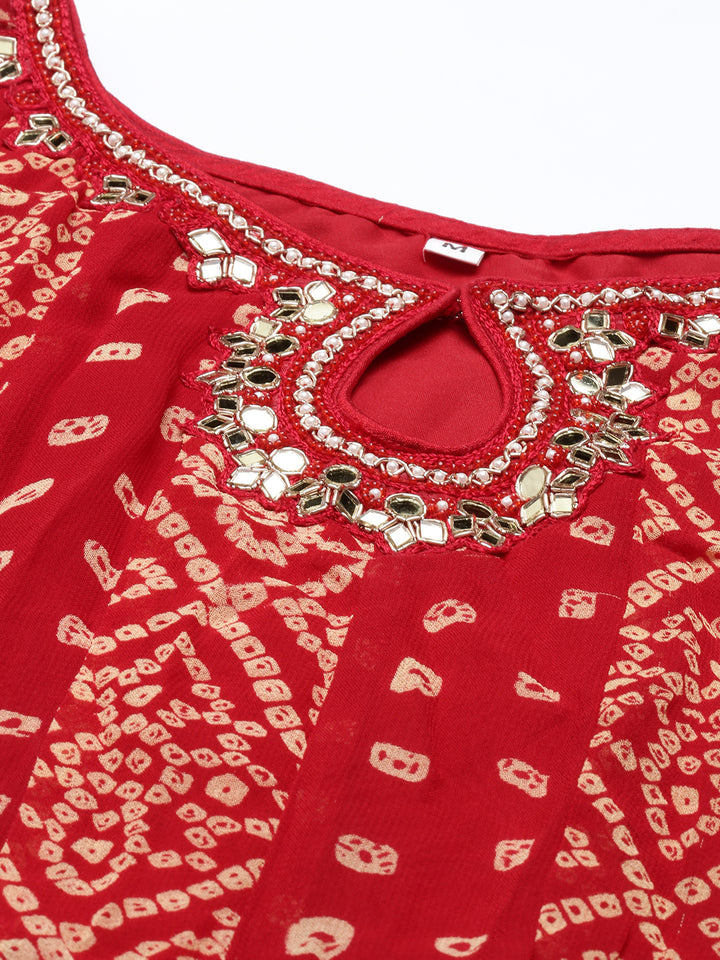 Neerus Red Color Georgette Fabric Kurta Set