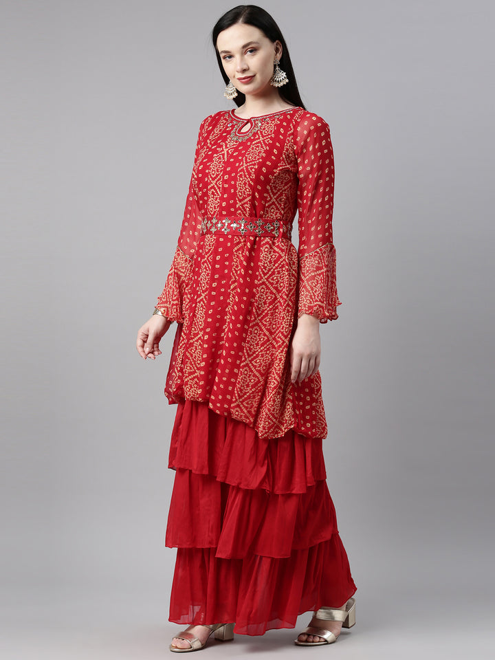 Neerus Red Color Georgette Fabric Kurta Set