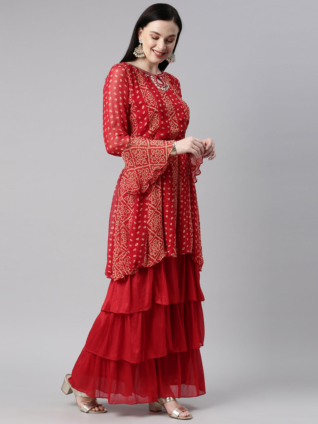 Neerus Red Color Georgette Fabric Kurta Set