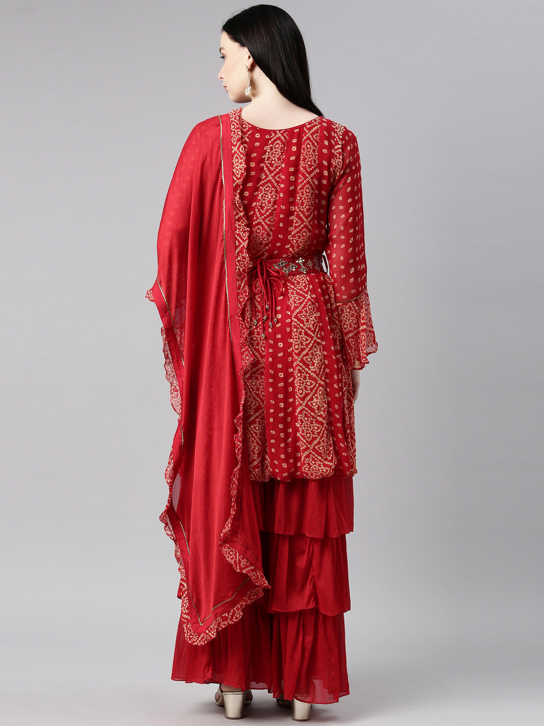 Neerus Red Color Georgette Fabric Kurta Set