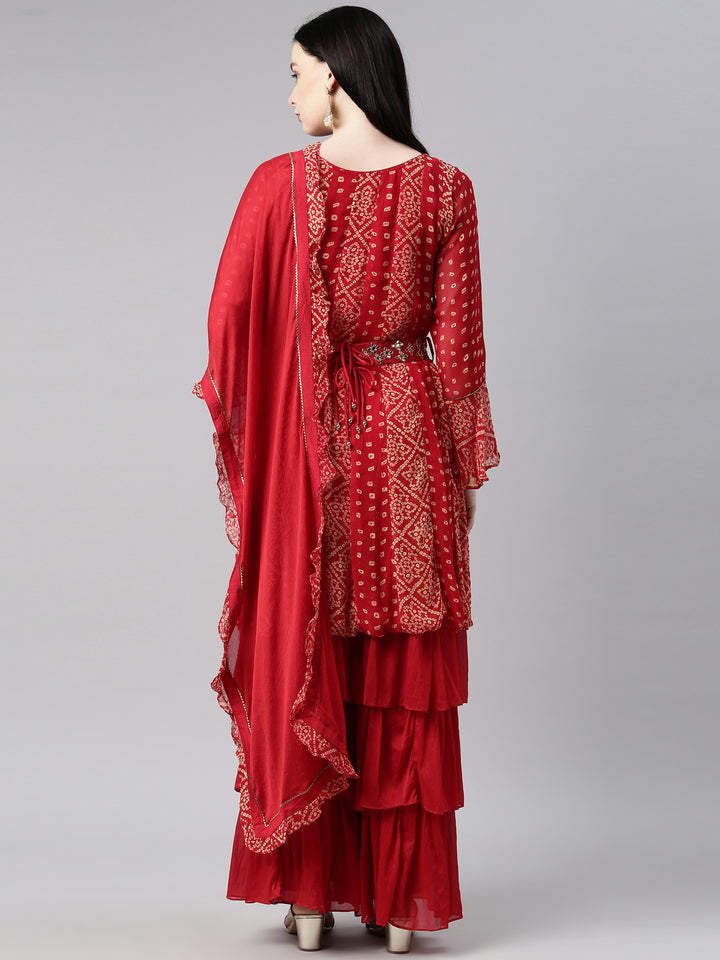 Neerus Red Color Georgette Fabric Kurta Set