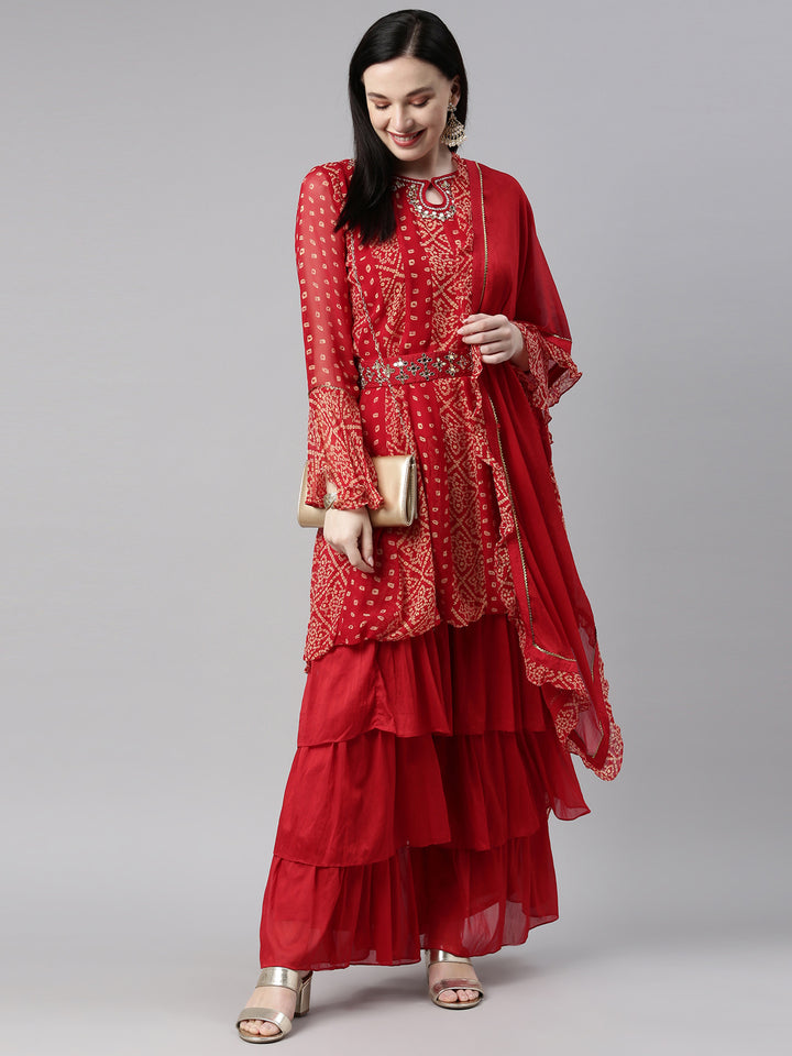 Neerus Red Color Georgette Fabric Kurta Set