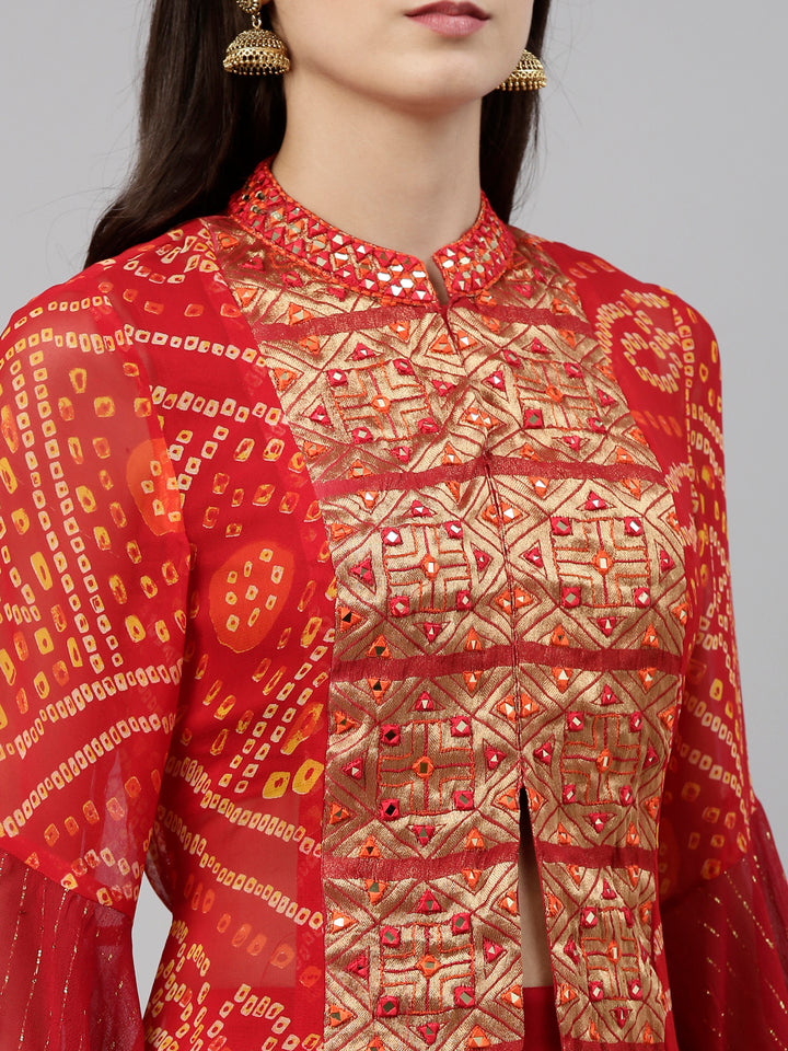 Neerus Red georgette straight kurta set with palazzo - side view