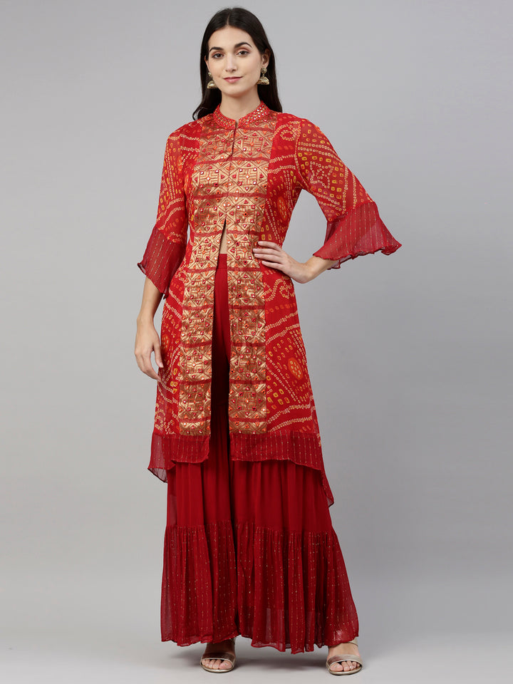 Neerus Red georgette straight kurta set with palazzo - detail view 19
