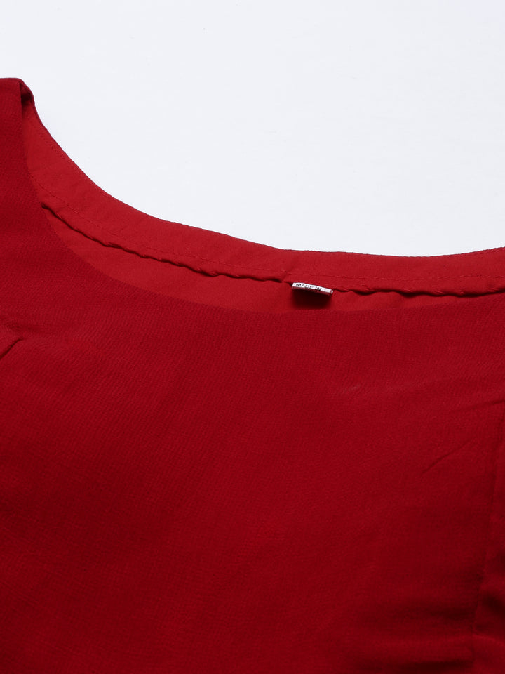 Neerus Red georgette straight kurta set with palazzo - detail view 11