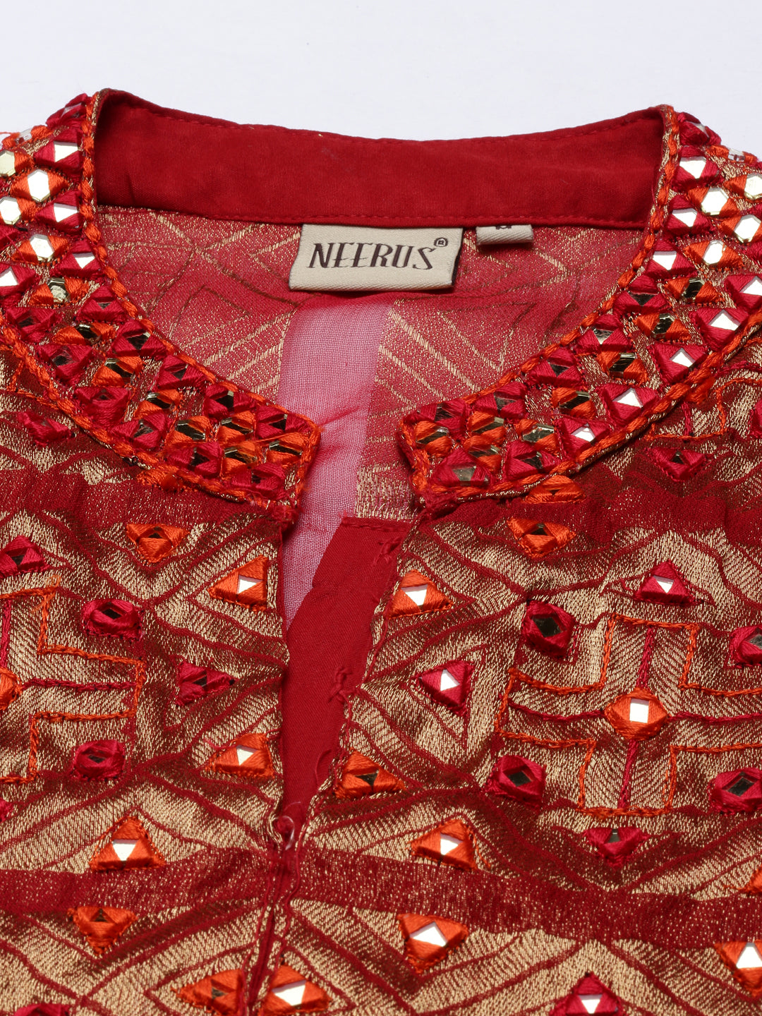 Neerus Red georgette straight kurta set with palazzo - detail view 12