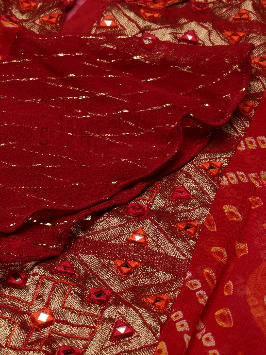 Neerus Red georgette straight kurta set with palazzo - detail view 13