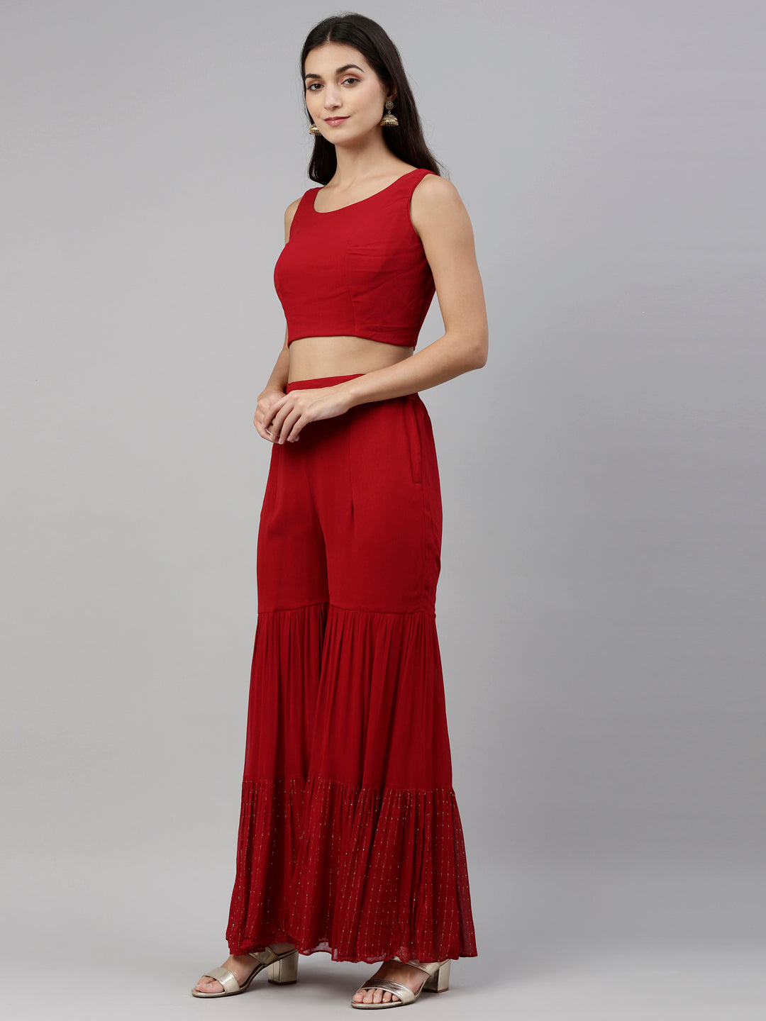 Neerus Red georgette straight kurta set with palazzo - detail view 4