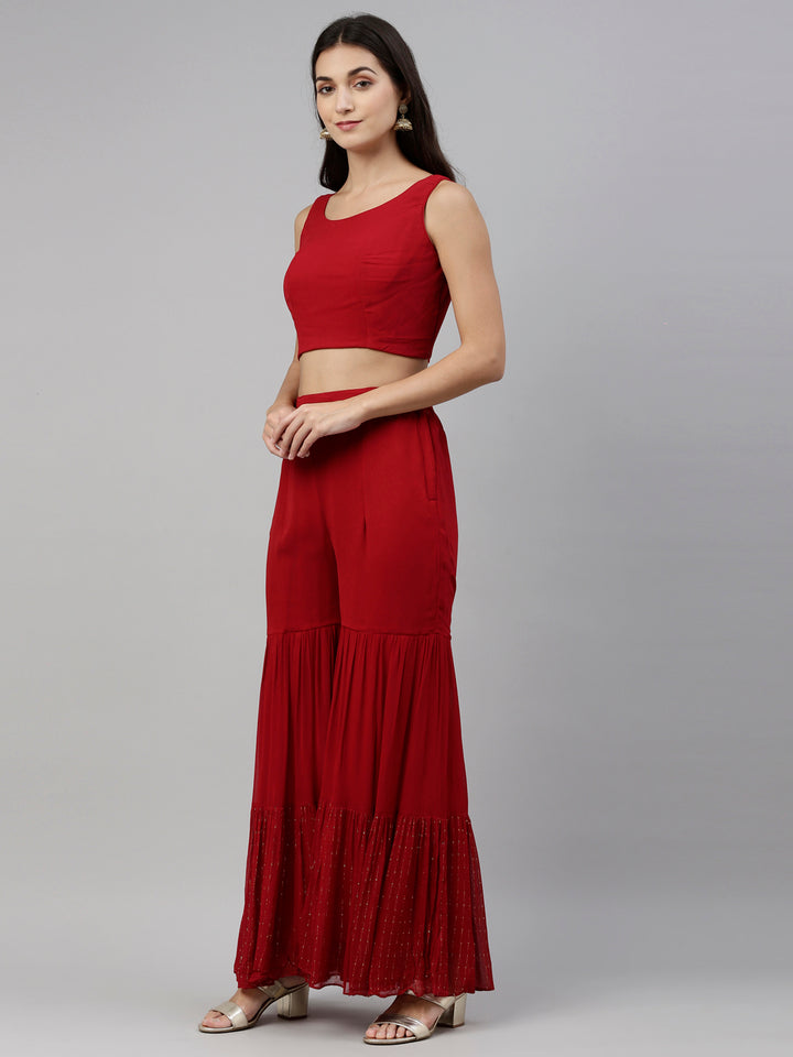 Neerus Red georgette straight kurta set with palazzo - detail view 14