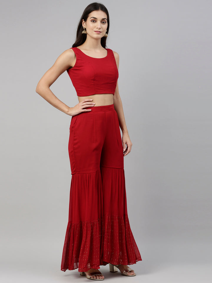 Neerus Red georgette straight kurta set with palazzo - detail view 5