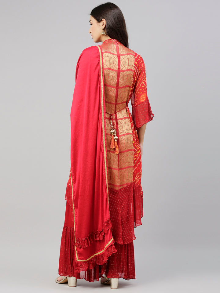 Neerus Red georgette straight kurta set with palazzo - detail view 16