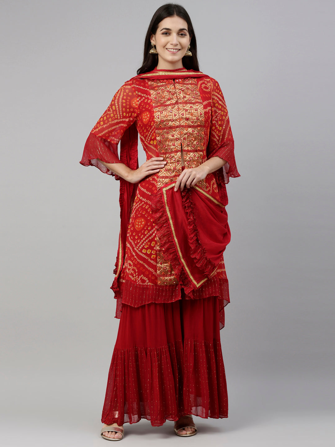 Neerus Red georgette straight kurta set with palazzo - detail view 17