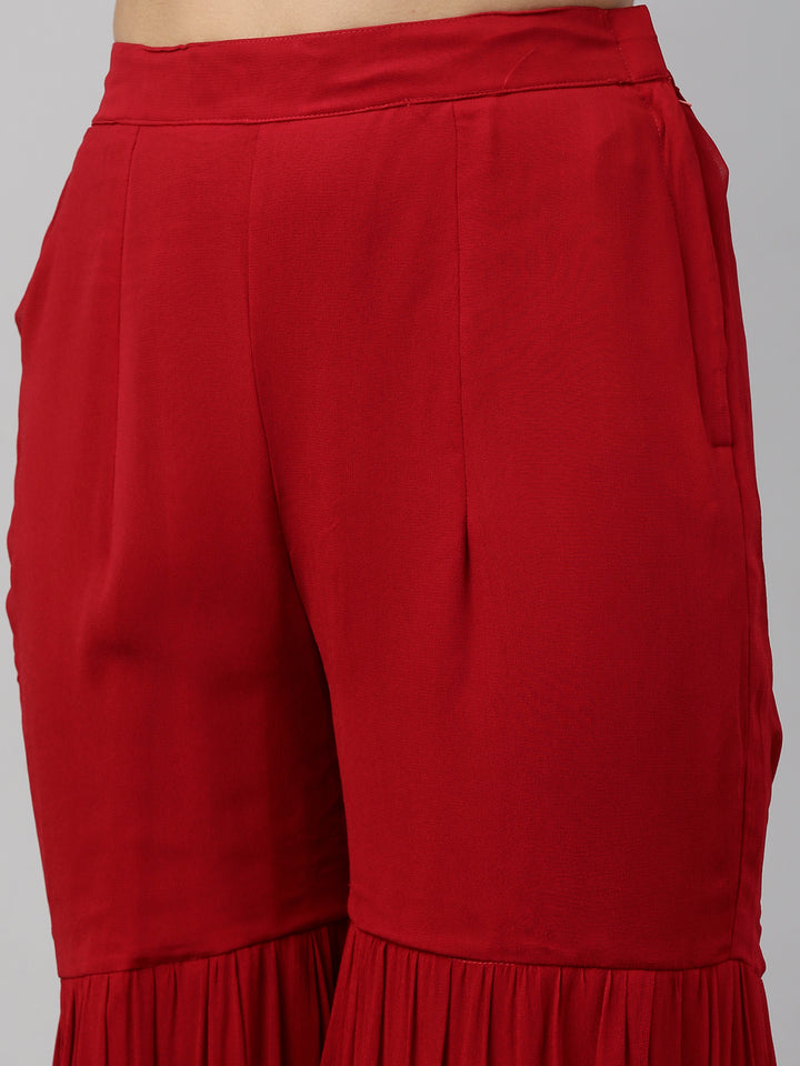 Neerus Red georgette straight kurta set with palazzo - detail view 8
