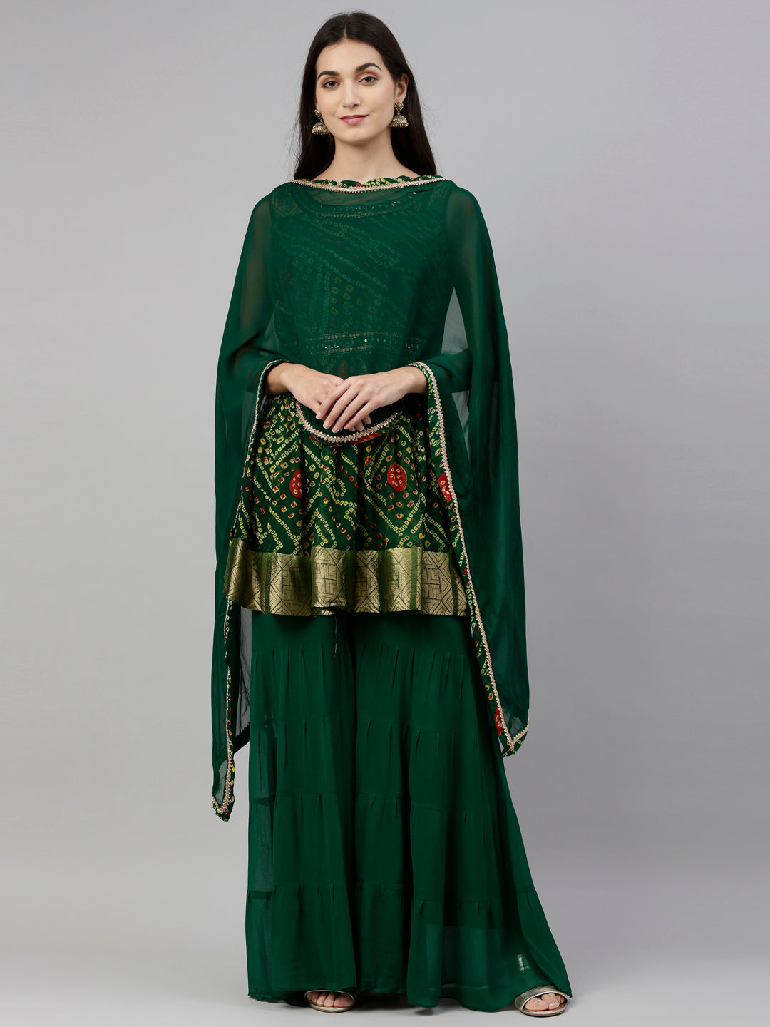 Neerus Green Color Georgette Fabric Suit-Plazzo