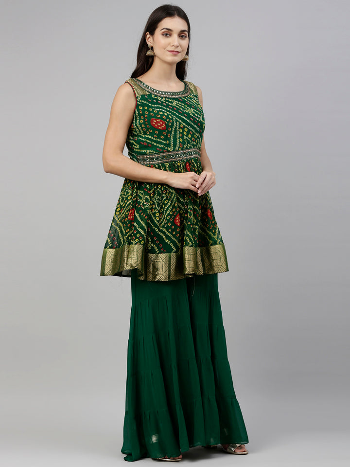 Neerus Green Color Georgette Fabric Suit-Plazzo